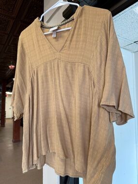 Knox Rose Boho Gauze Peplum Top Mustard Tan Size Large